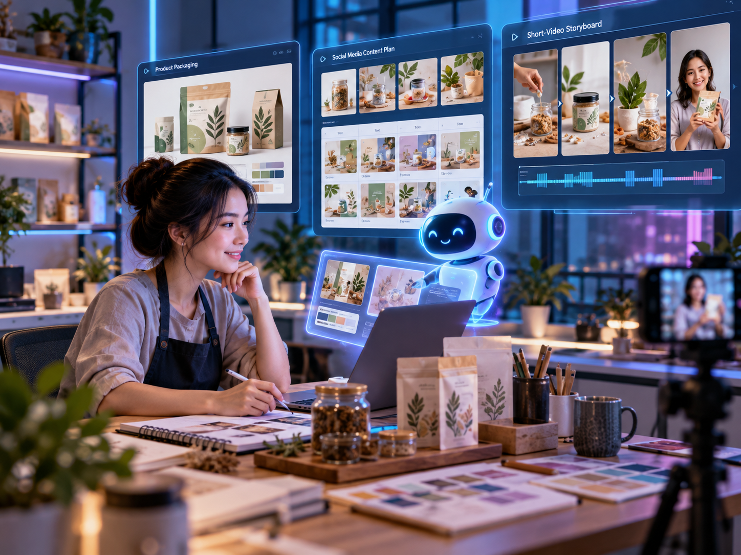 Tim kreatif dan AI membantu desain produk, konten, dan materi promosi digital.