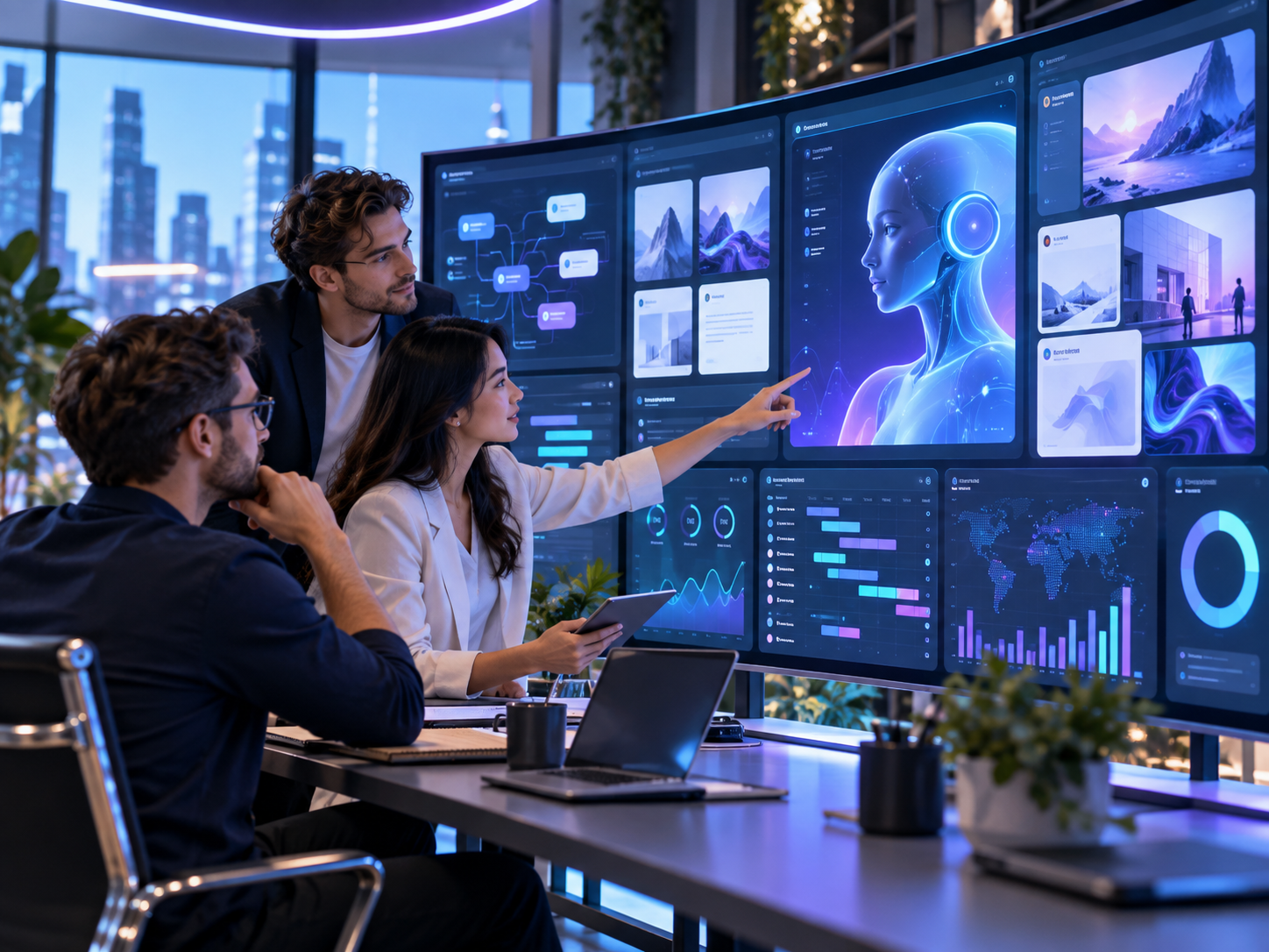 Tim berdiskusi menggunakan dashboard AI untuk menyusun strategi digital.